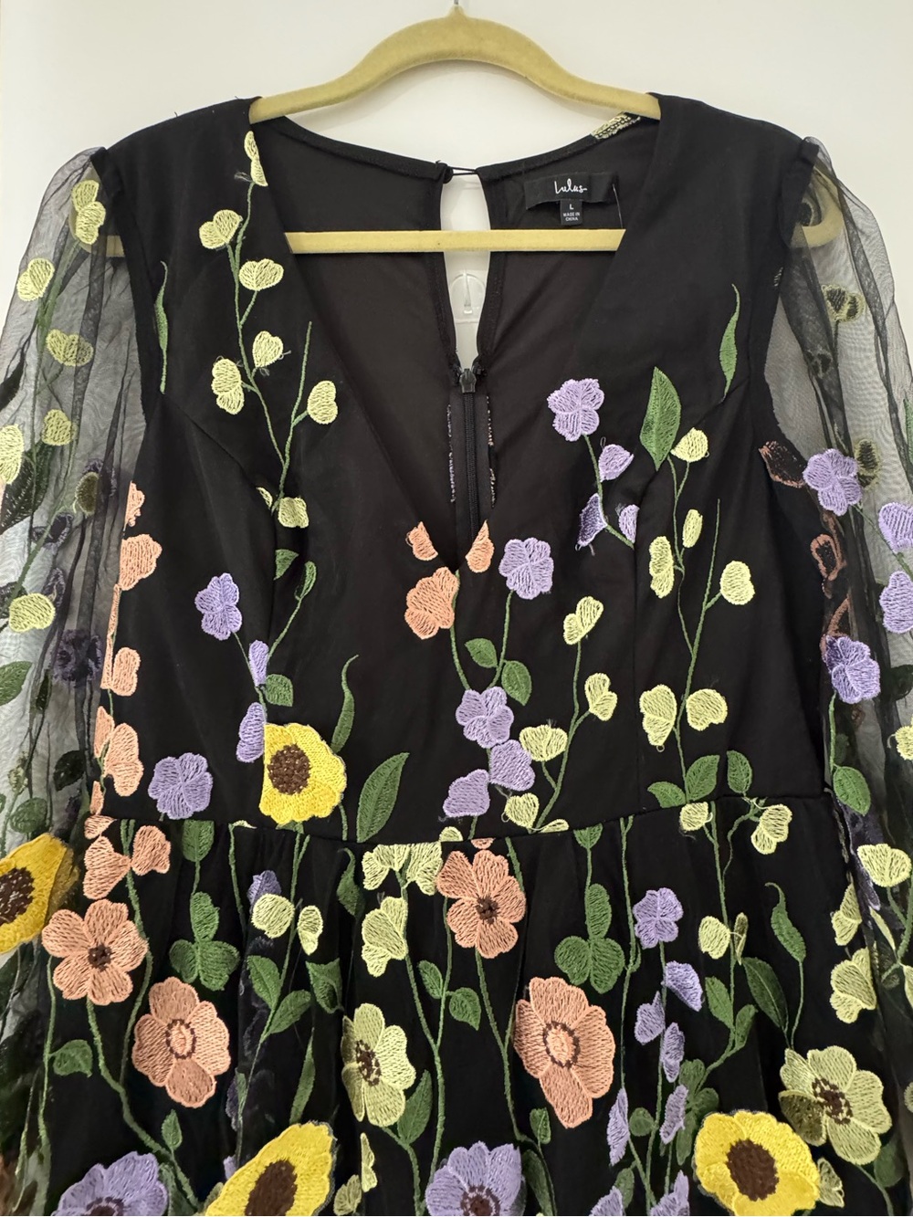 Lulus Floral Embroidered Long Sleeve Midi Dress Black Size L - Picture 5 of 8